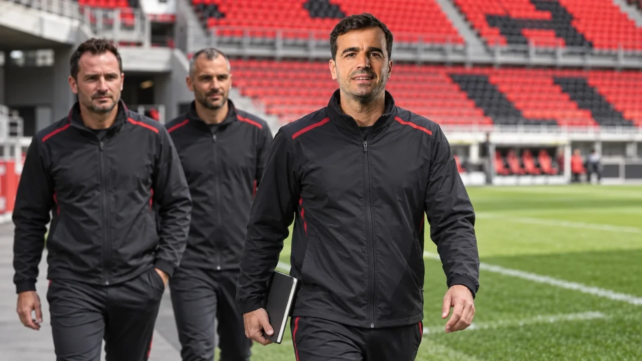 Minh họa Carles Martínez Novell cùng hai đồng nghiệp bên sân BayArena