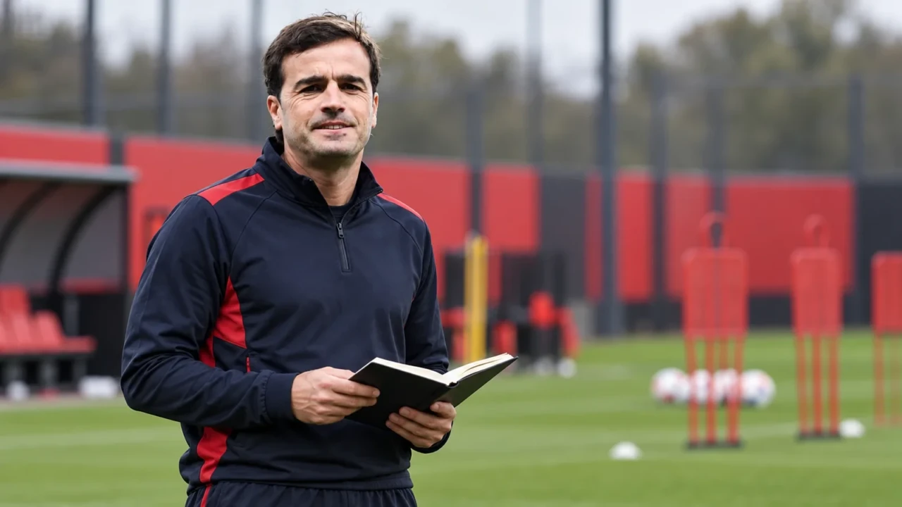 Carles Martínez Novell cầm sổ kế hoạch bên đường biên sân tập Bayer Leverkusen