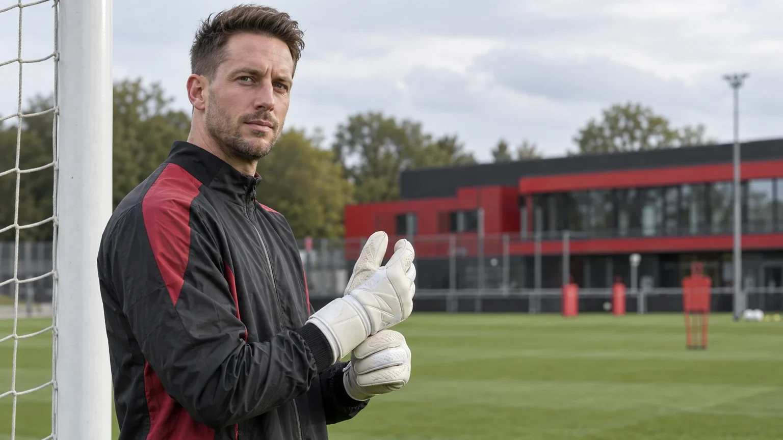 Janis Blaswich chỉnh găng cạnh khung thành ở sân tập Bayer Leverkusen