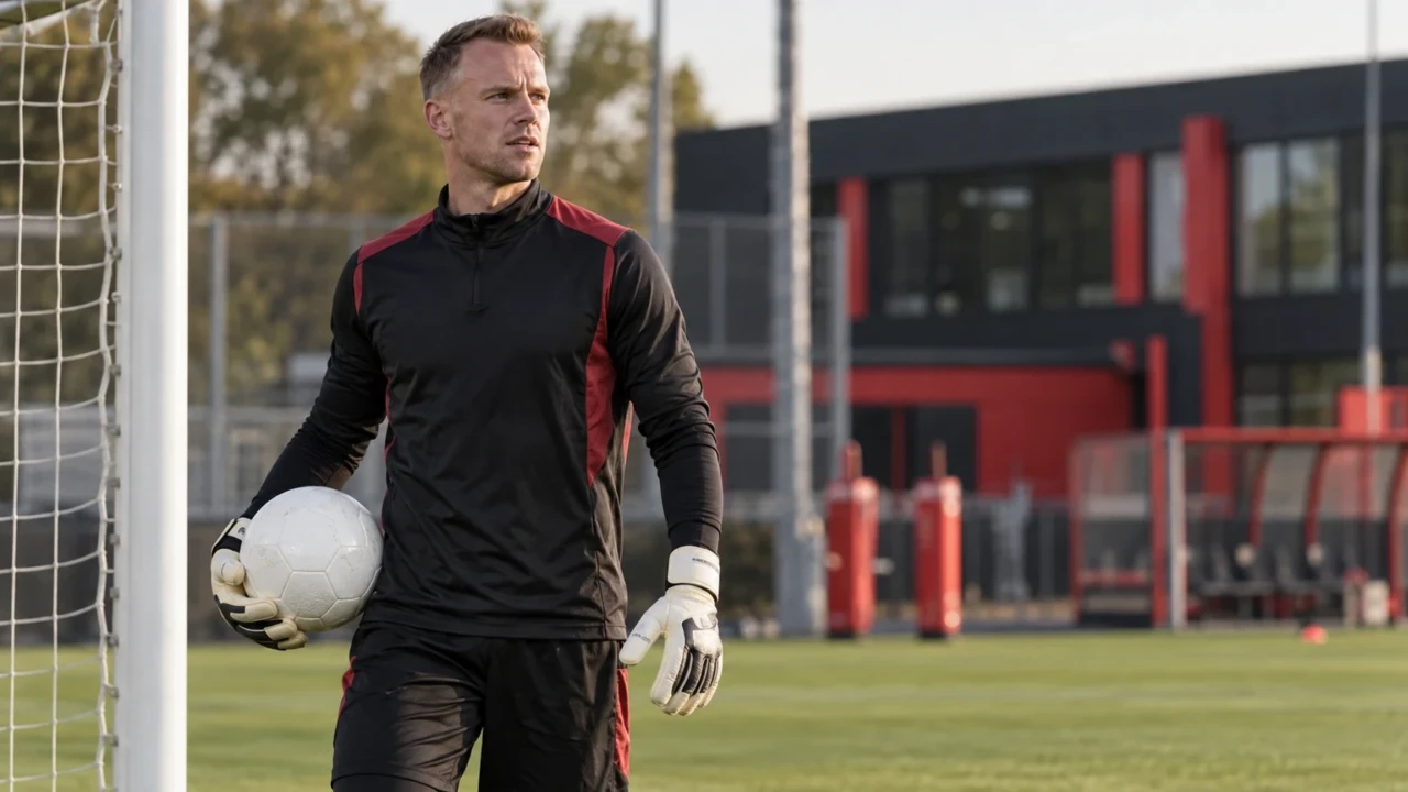 Mark Flekken cầm bóng bên khung thành trong buổi tập Bayer Leverkusen