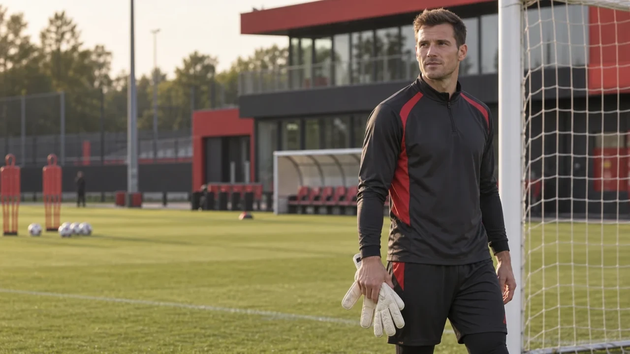 Thủ môn Niklas Lomb đứng cạnh khung thành trên sân tập Bayer Leverkusen