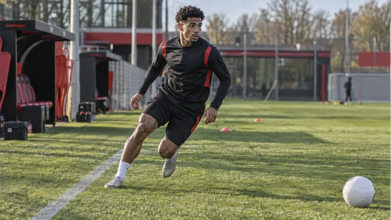 Afonso Moreira đổi hướng sau một nhịp tăng tốc trên sân tập Bayer Leverkusen