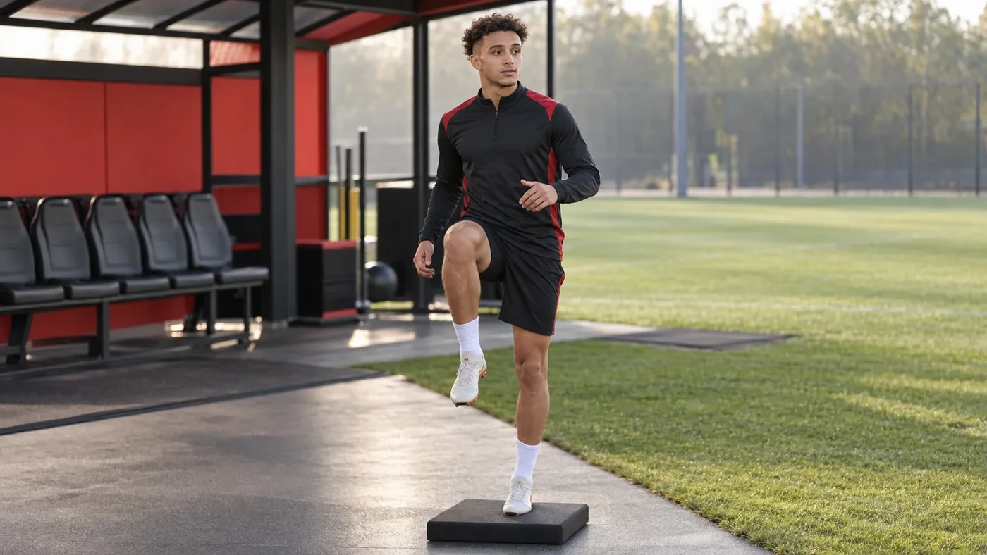 Eliesse Ben Seghir thực hiện bài khởi động thăng bằng tại sân tập Bayer Leverkusen