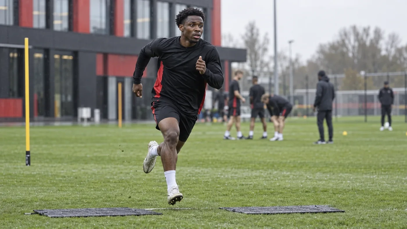 Nathan Tella tăng tốc trong bài tập chạy tại Bayer Leverkusen