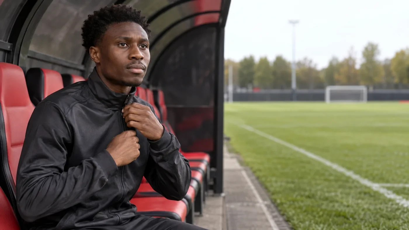 Nathan Tella chuẩn bị áo khoác tại khu ghế dự bị sân tập Bayer Leverkusen