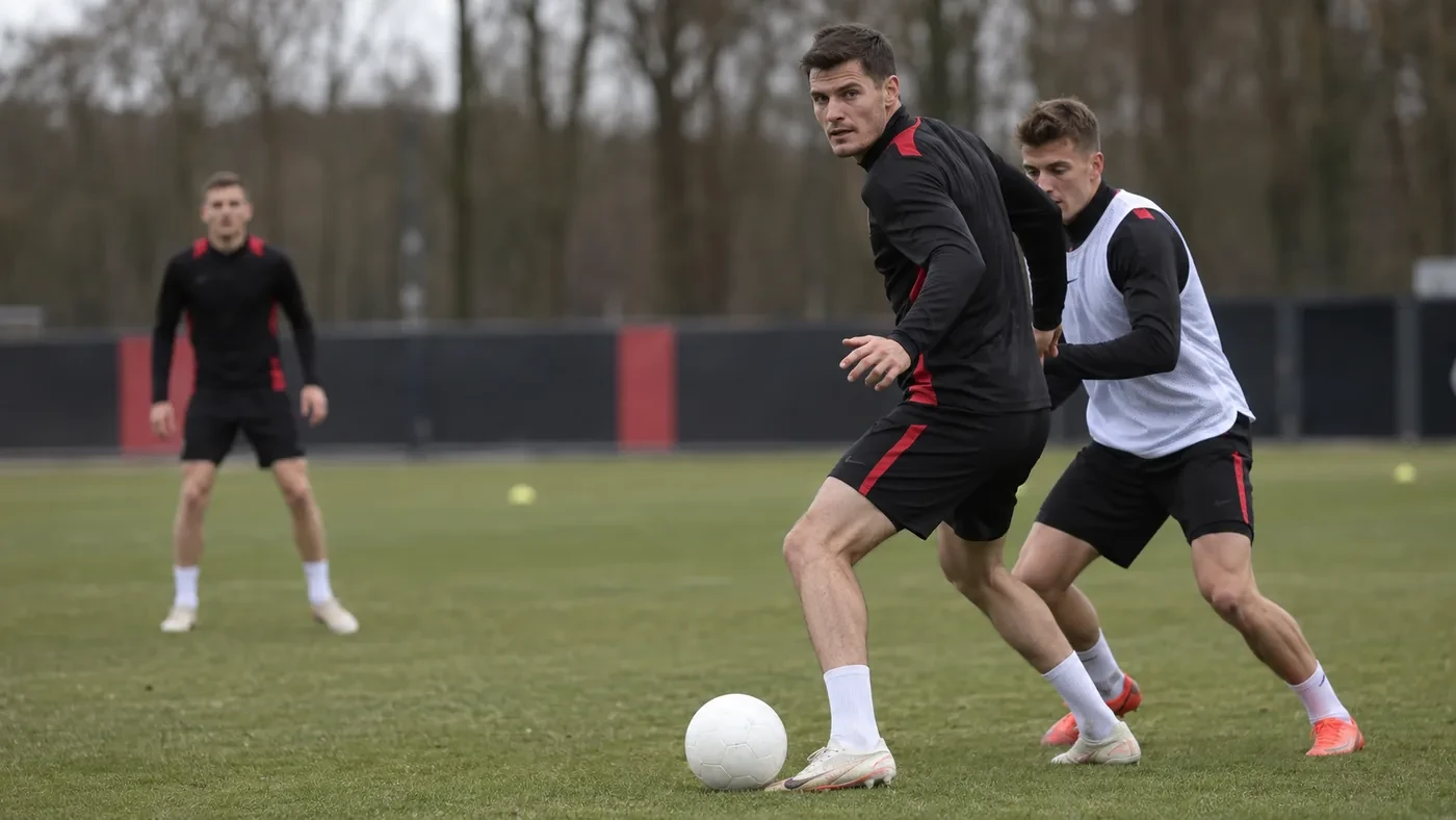 Patrik Schick che bóng trước hậu vệ trong bài tập phối hợp