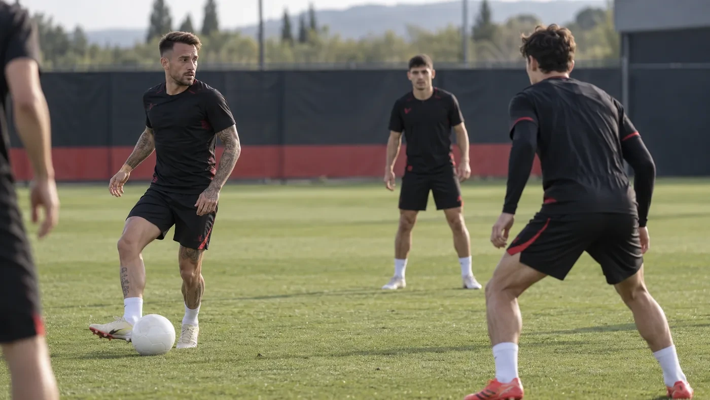 Aleix García kiểm soát bóng và quan sát trong bài tập rondo