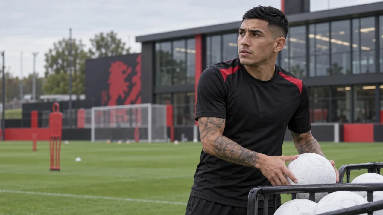 Ezequiel Fernández chọn bóng và quan sát sân tập Bayer Leverkusen