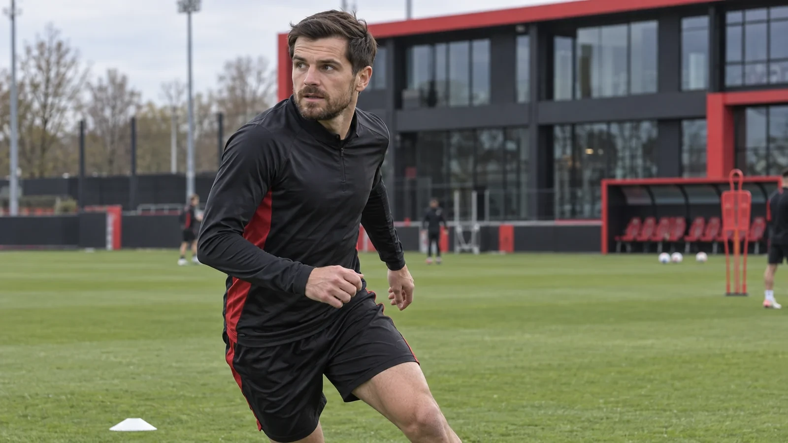 Jonas Hofmann quan sát phía sau trước khi bắt đầu chạy chỗ trên sân tập Bayer Leverkusen