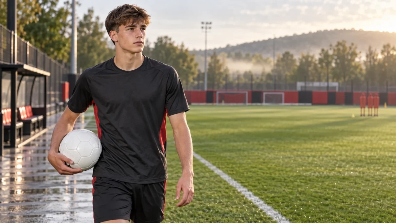 Kennet Eichhorn cầm bóng đi dọc đường biên trên sân tập Bayer Leverkusen