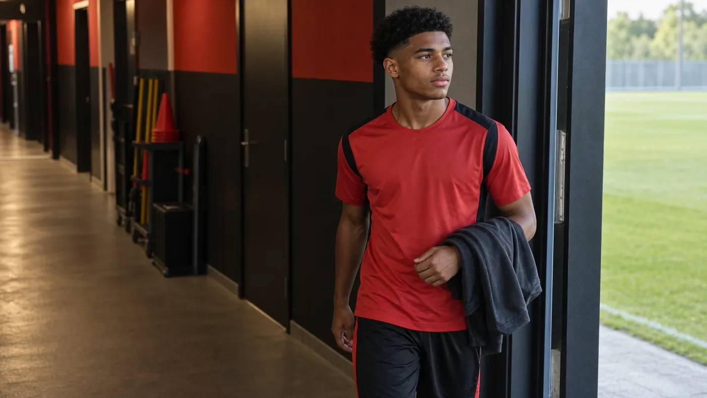 Montrell Culbreath đứng tại lối ra sân tập Bayer Leverkusen