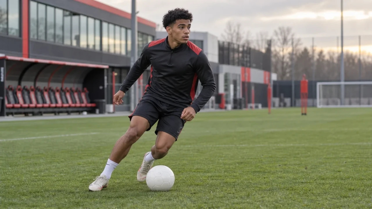 Montrell Culbreath kiểm soát bóng bằng hai chân trên sân tập Bayer Leverkusen